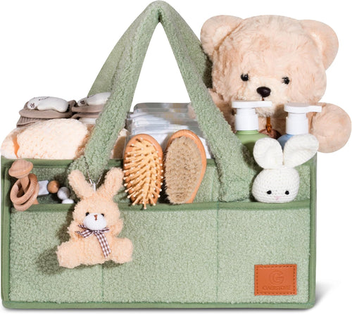 Nappy Caddy Organiser – Baby Changing Basket, Large Capacity Baby Essentials Storage, Soft Teddy Fabric, Detachable Compartments, Long Handles & Rabbit Charm – Green