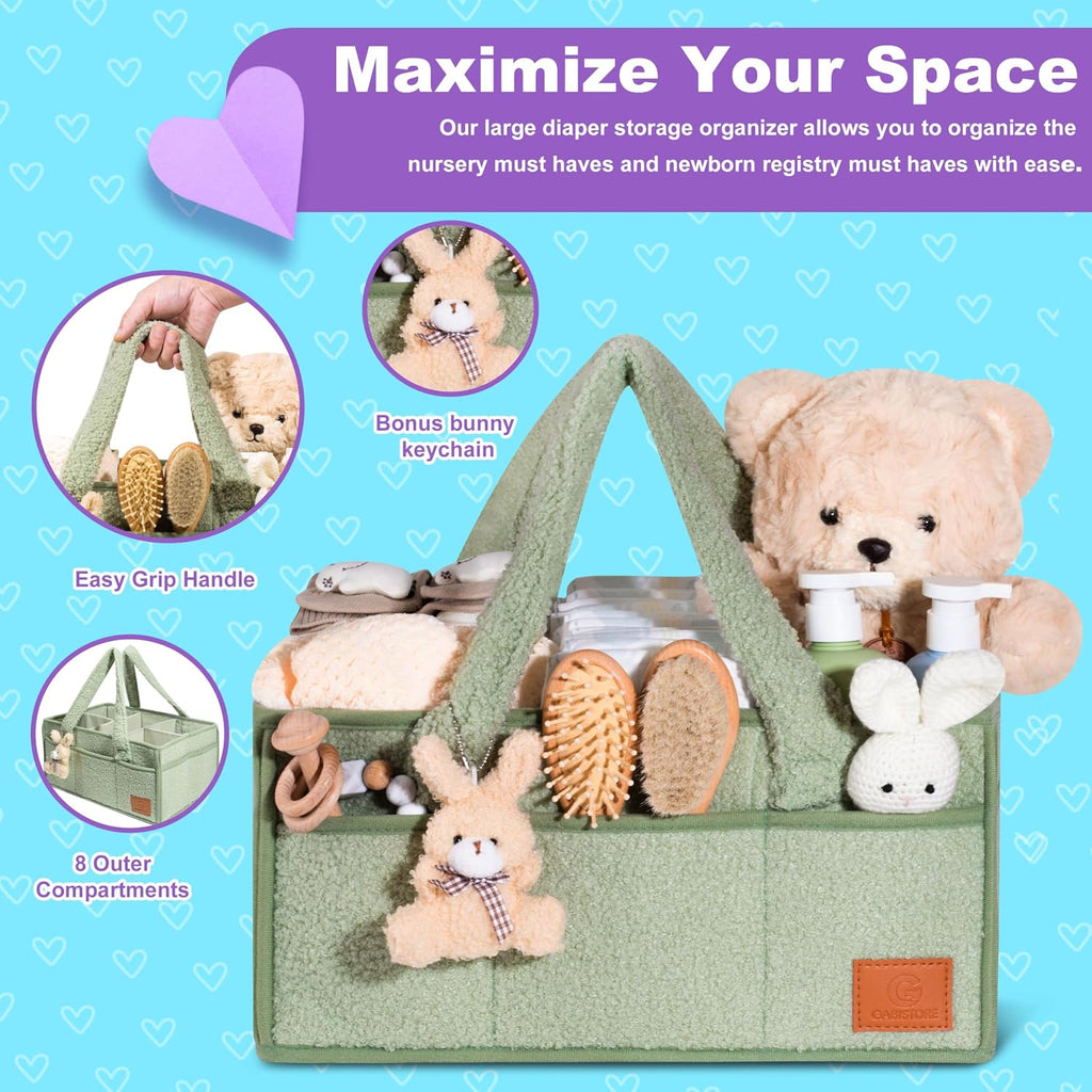 Nappy Caddy Organiser – Baby Changing Basket, Large Capacity Baby Essentials Storage, Soft Teddy Fabric, Detachable Compartments, Long Handles & Rabbit Charm – Green