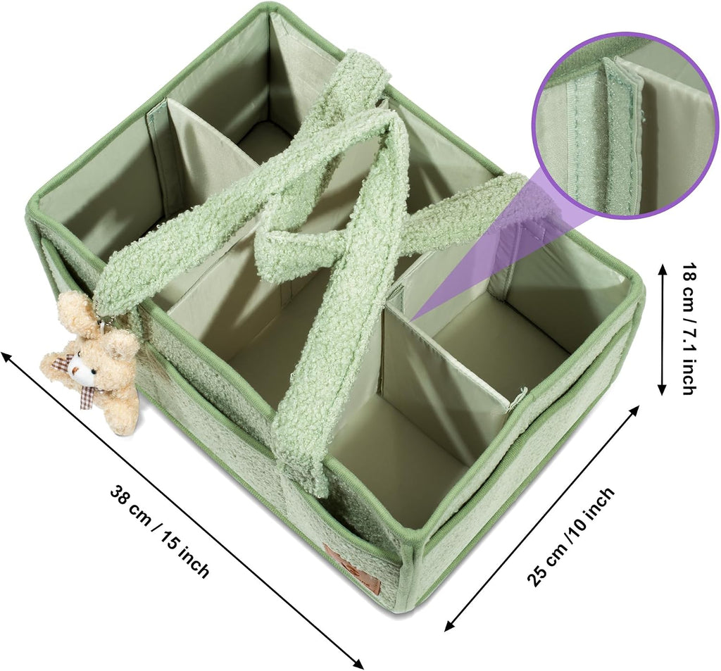 Nappy Caddy Organiser – Baby Changing Basket, Large Capacity Baby Essentials Storage, Soft Teddy Fabric, Detachable Compartments, Long Handles & Rabbit Charm – Green