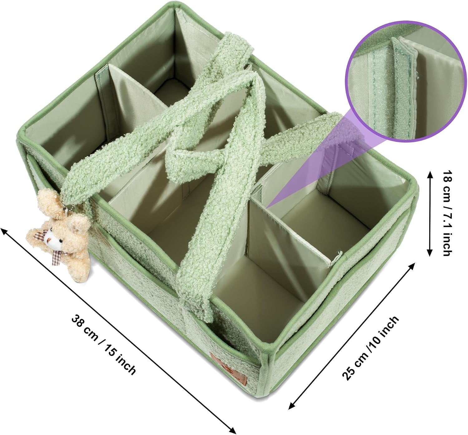 Nappy Caddy Organiser – Baby Changing Basket, Large Capacity Baby Essentials Storage, Soft Teddy Fabric, Detachable Compartments, Long Handles & Rabbit Charm – Green