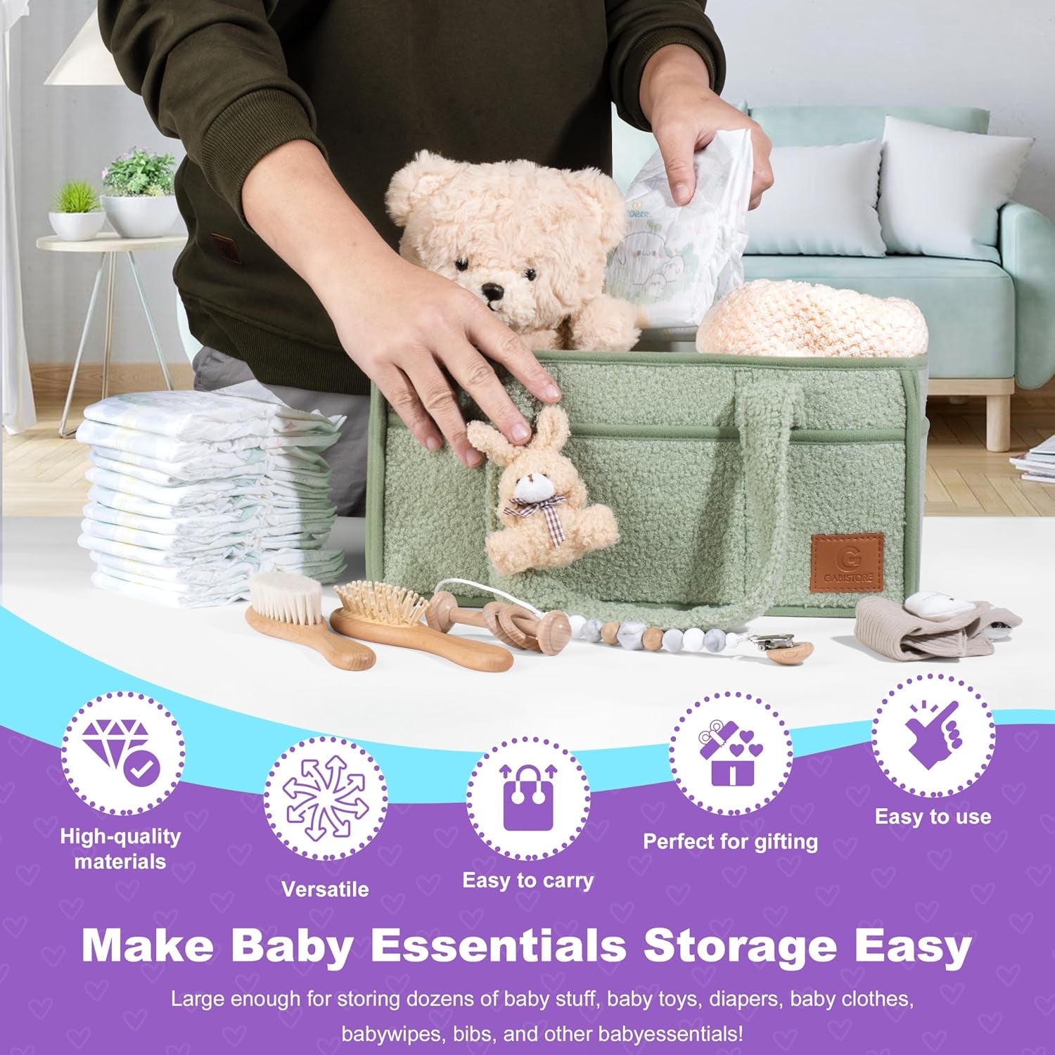 Nappy Caddy Organiser – Baby Changing Basket, Large Capacity Baby Essentials Storage, Soft Teddy Fabric, Detachable Compartments, Long Handles & Rabbit Charm – Green