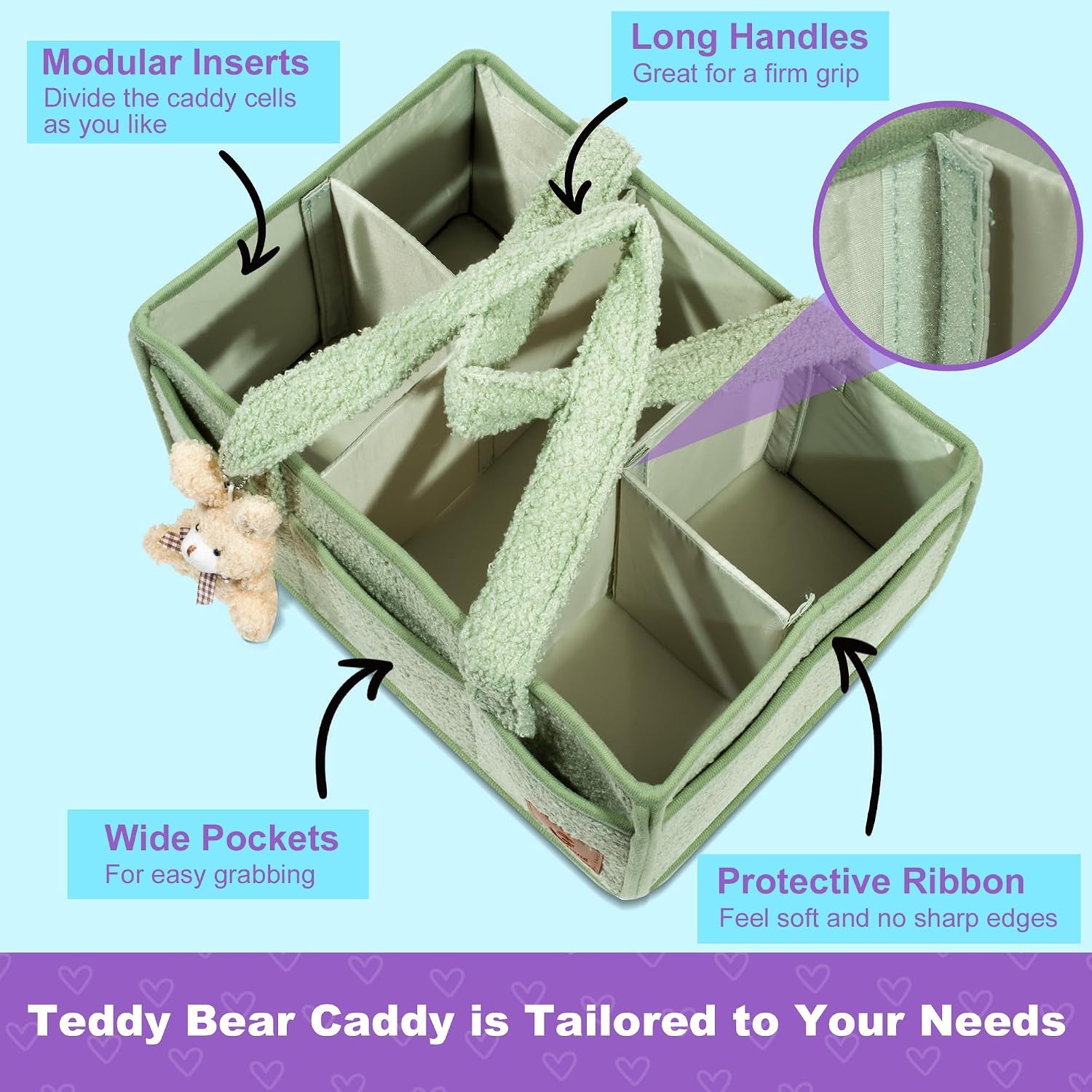Nappy Caddy Organiser – Baby Changing Basket, Large Capacity Baby Essentials Storage, Soft Teddy Fabric, Detachable Compartments, Long Handles & Rabbit Charm – Green