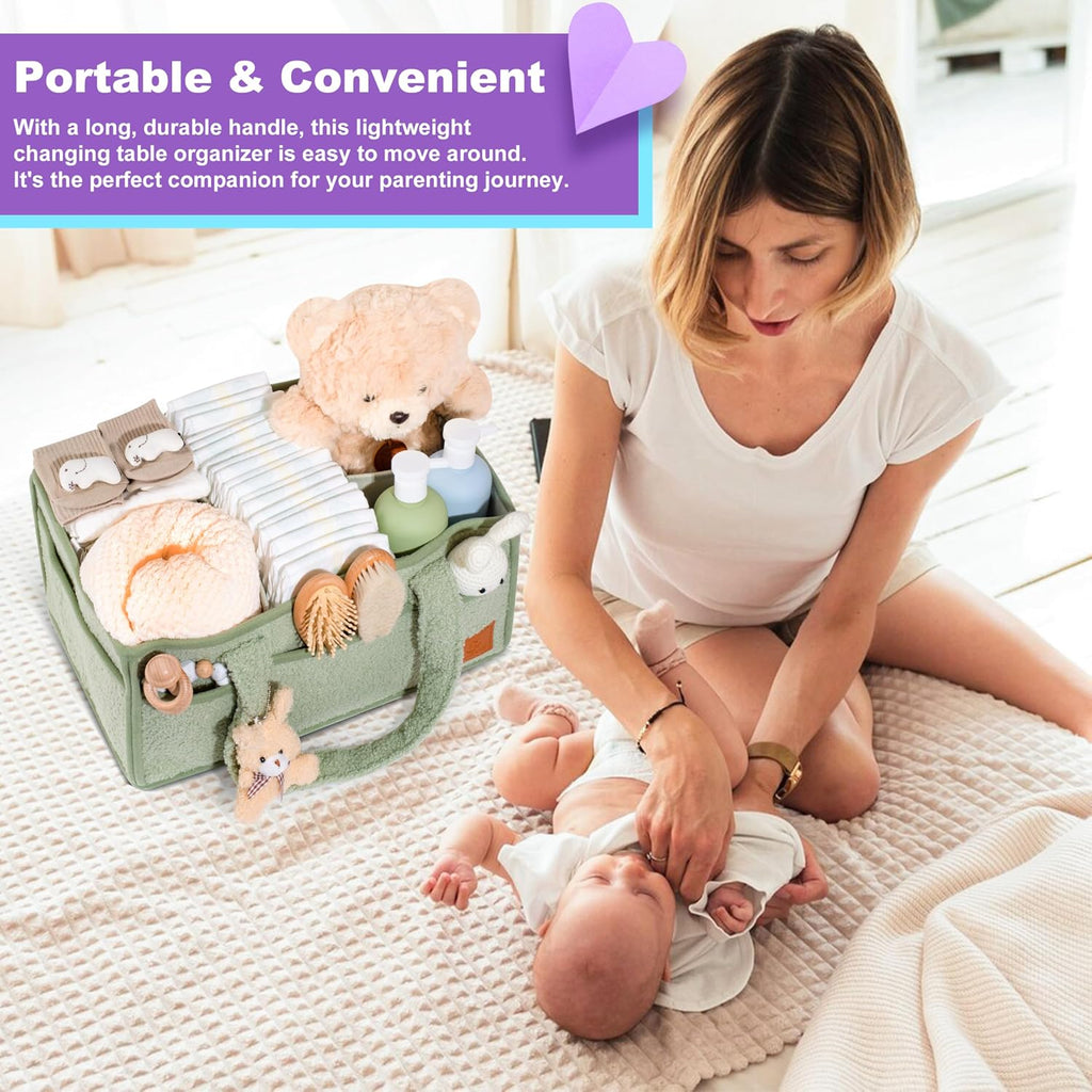 Nappy Caddy Organiser – Baby Changing Basket, Large Capacity Baby Essentials Storage, Soft Teddy Fabric, Detachable Compartments, Long Handles & Rabbit Charm – Green