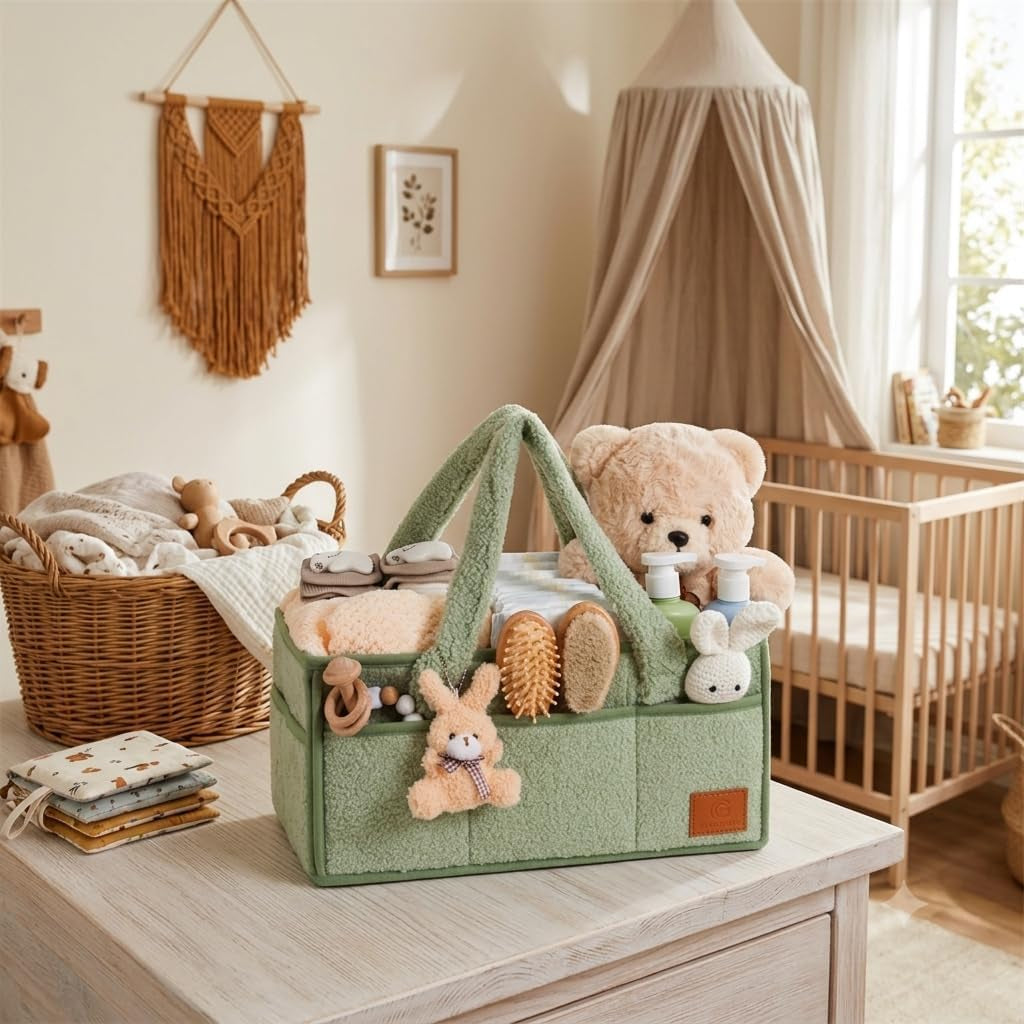 Nappy Caddy Organiser – Baby Changing Basket, Large Capacity Baby Essentials Storage, Soft Teddy Fabric, Detachable Compartments, Long Handles & Rabbit Charm – Green